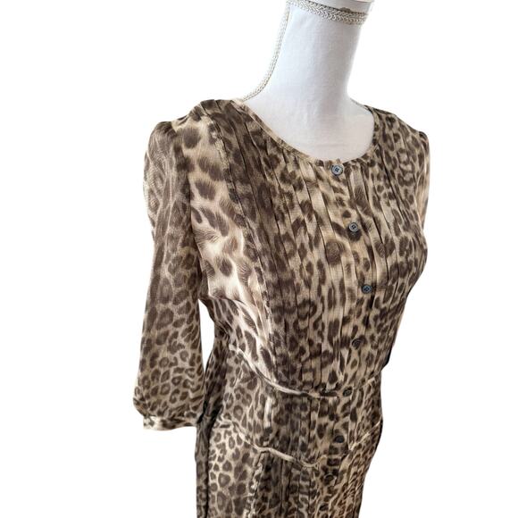 Talbots Silk Chiffon Pleated Long Sleeve Dress Brown Animal Print 6 - Picture 3 of 6